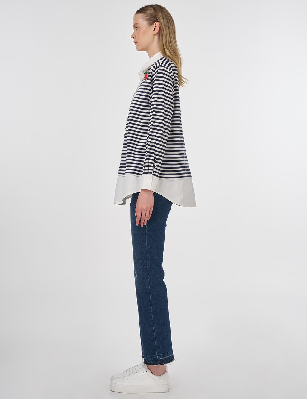 Cotton Sweatshirt with Brooch Detail Dark Navy 