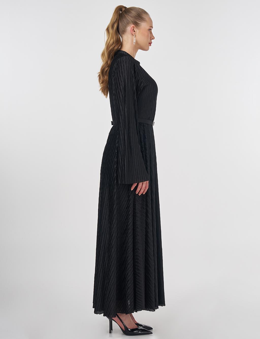 Belted Pleated Elegant Dress Black 