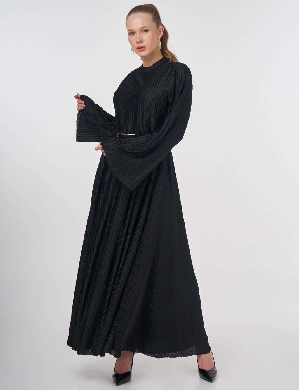 Belted Pleated Elegant Dress Black 