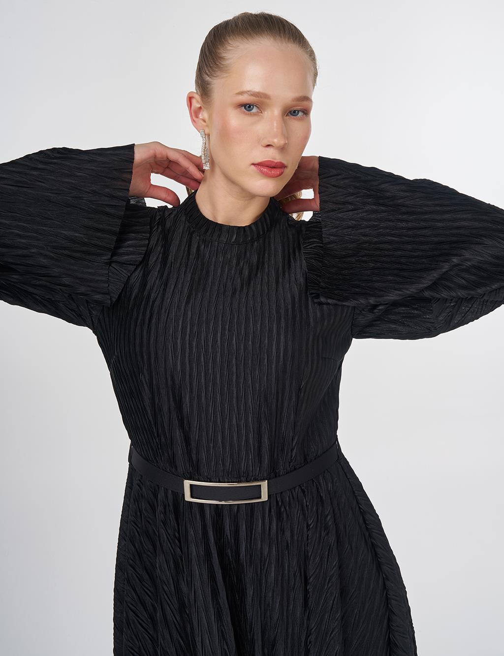 Belted Pleated Elegant Dress Black 