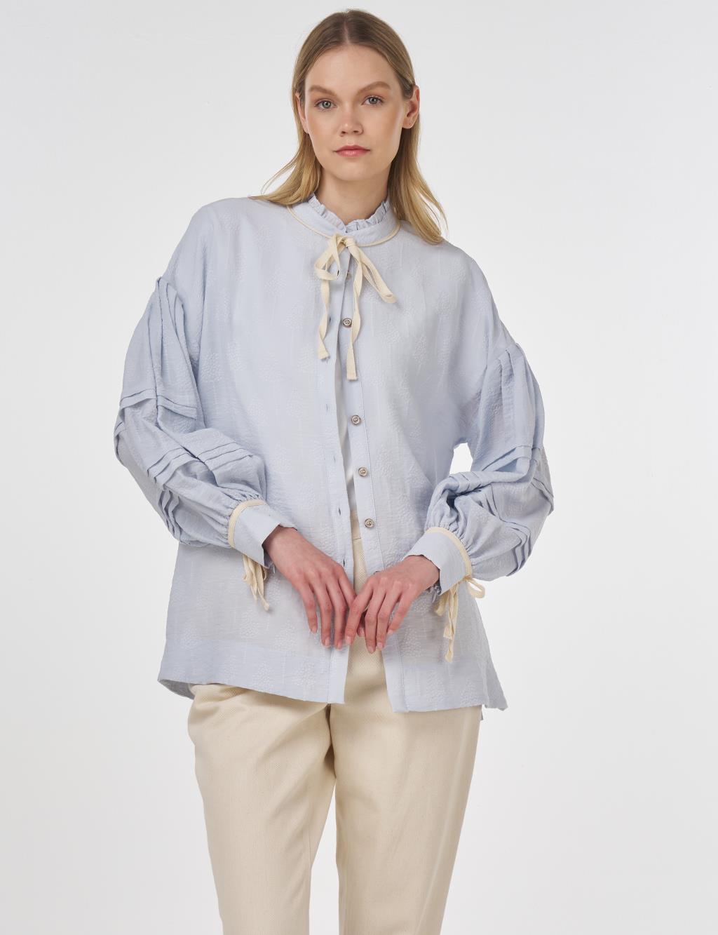 Ribbed Stitch Stand Collar Blouse Blue