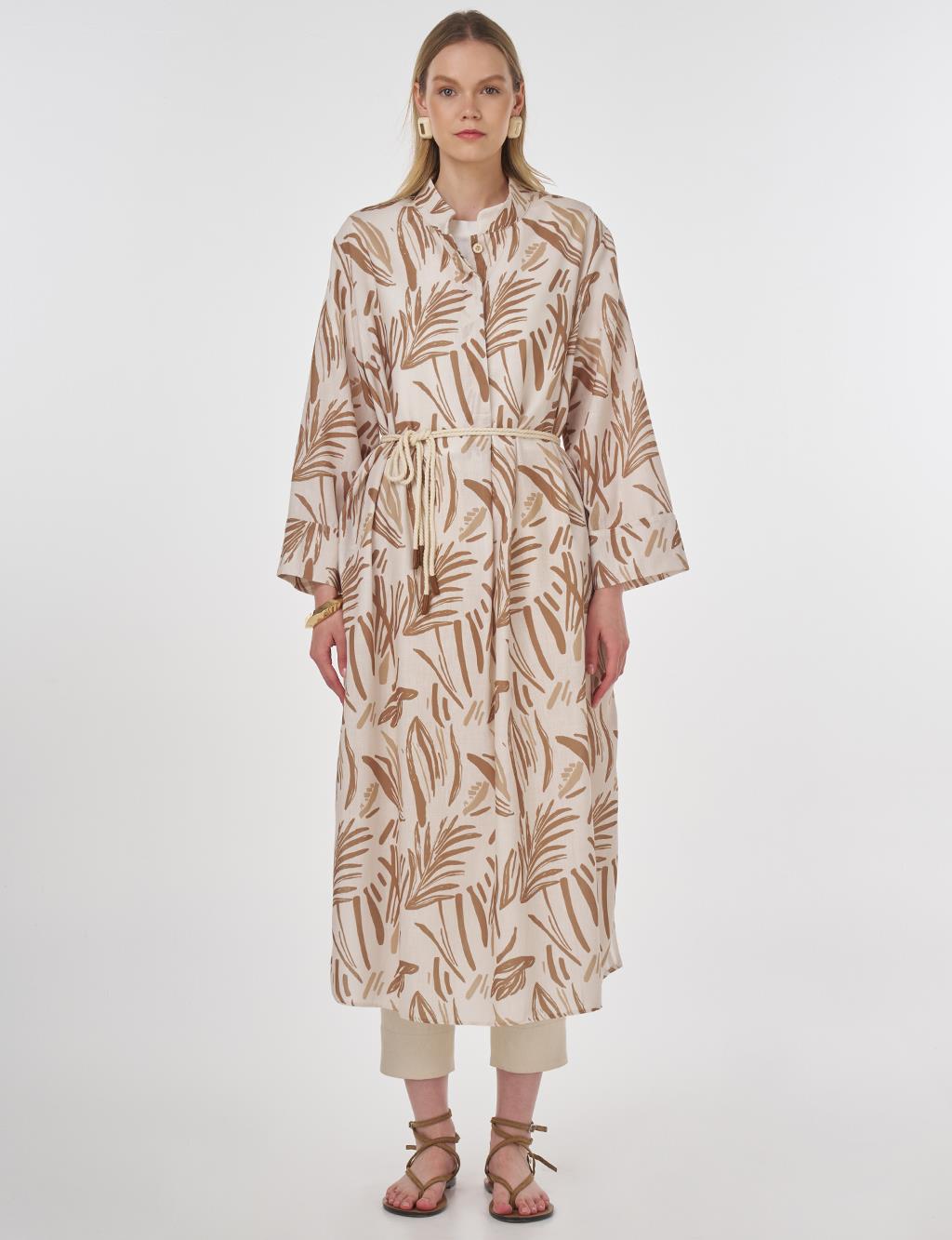 Leaf Pattern Stand Collar Tunic Cream