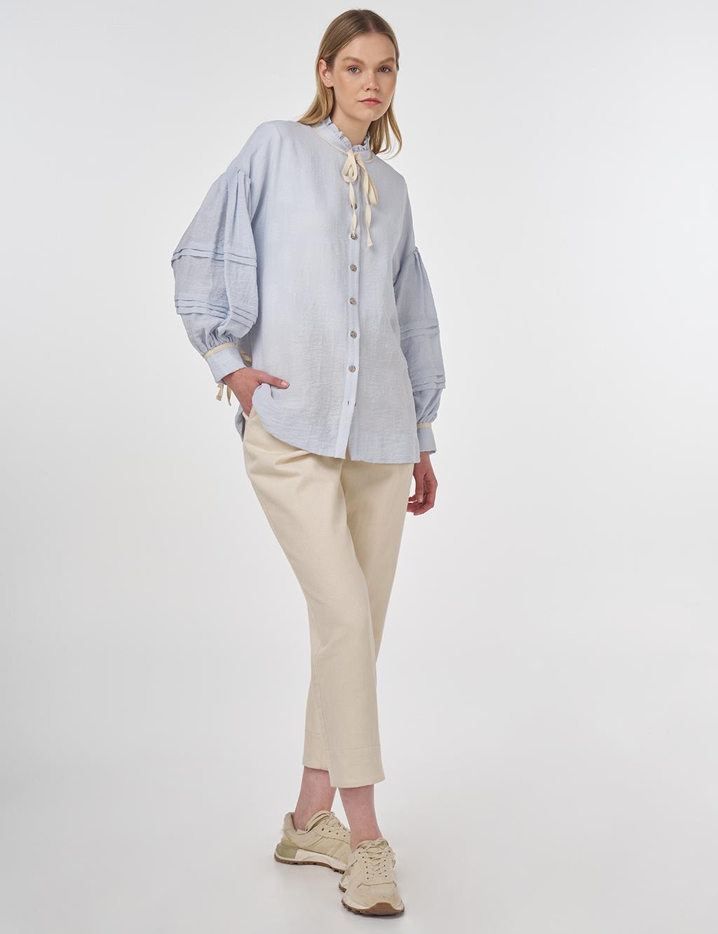 Ribbed Stitch Stand Collar Blouse Blue