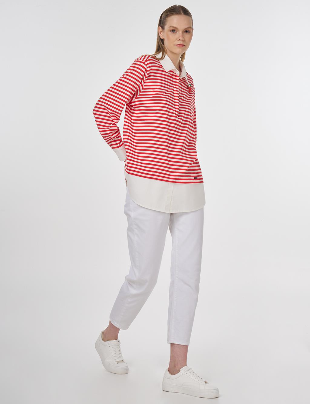 Cotton Sweatshirt with Brooch Detail Red