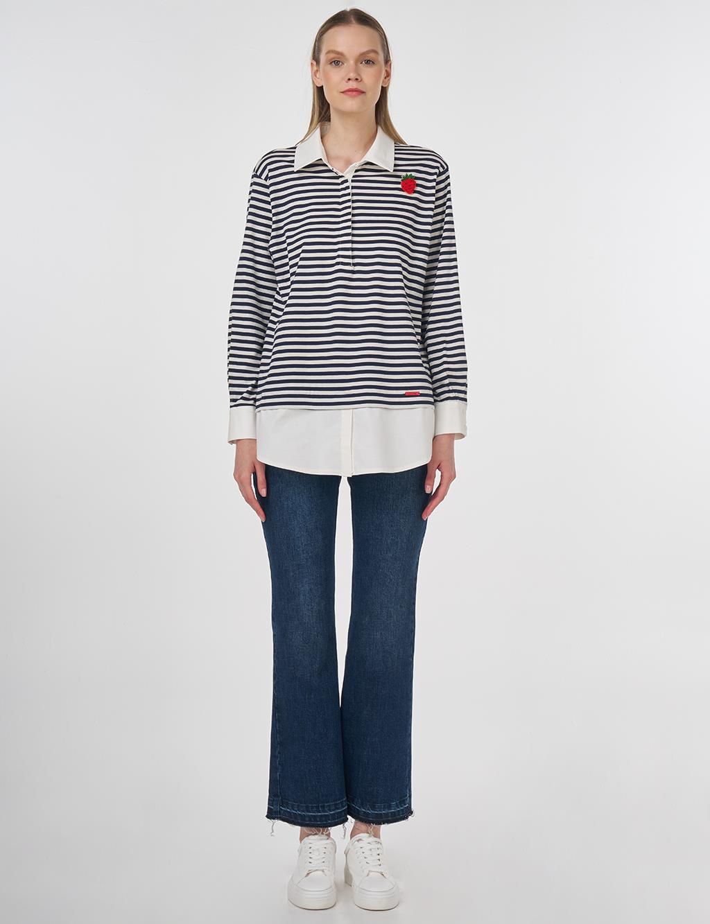 Cotton Sweatshirt with Brooch Detail Dark Navy 