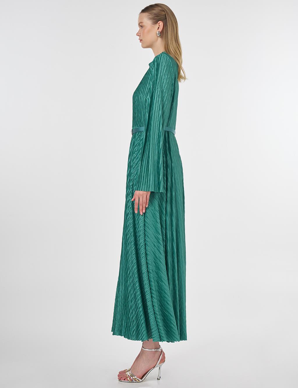 Belted Pleated Elegant Dress Forest Green