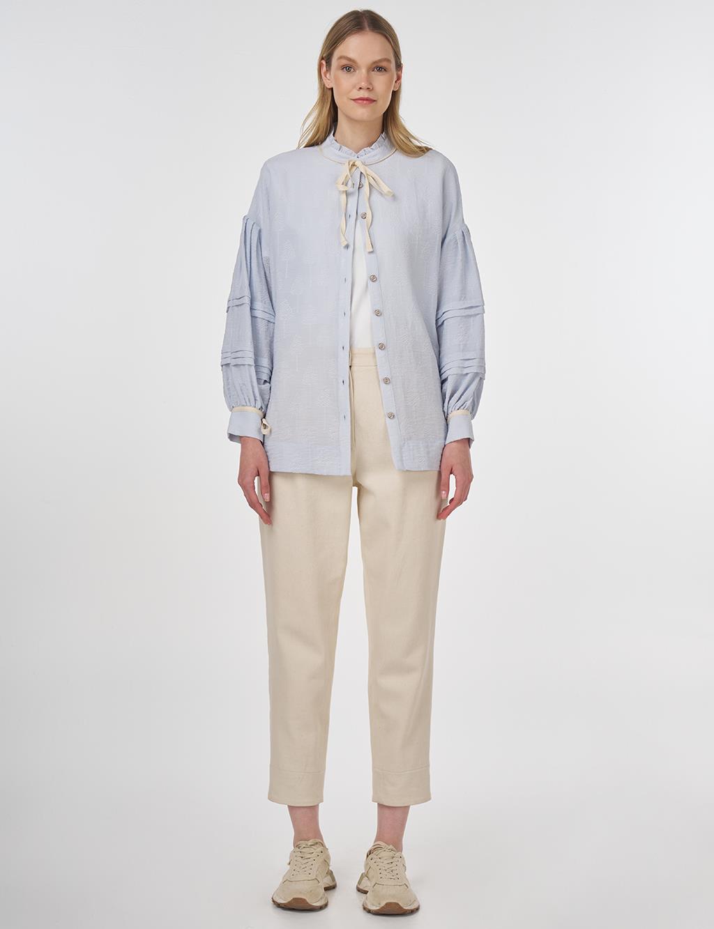 Ribbed Stitch Stand Collar Blouse Blue