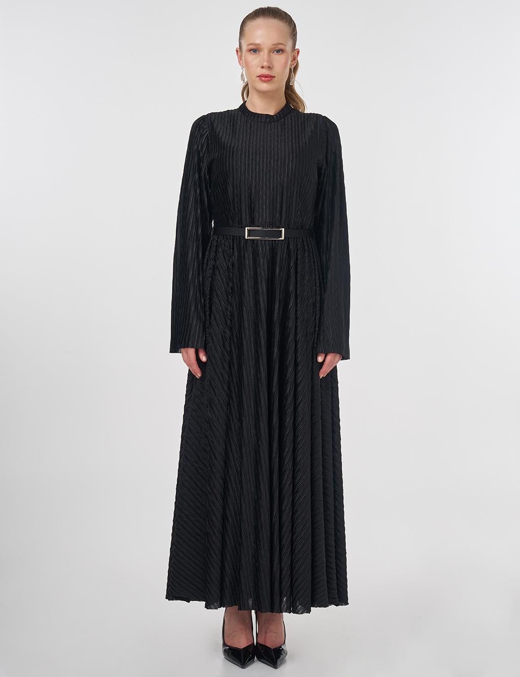 Belted Pleated Elegant Dress Black 