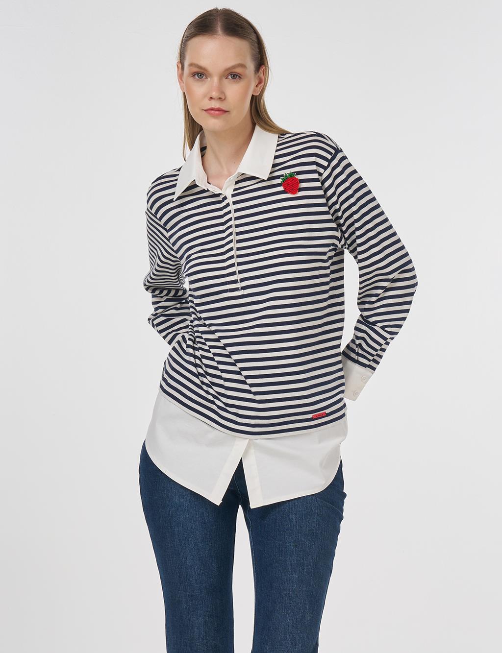 Cotton Sweatshirt with Brooch Detail Dark Navy 