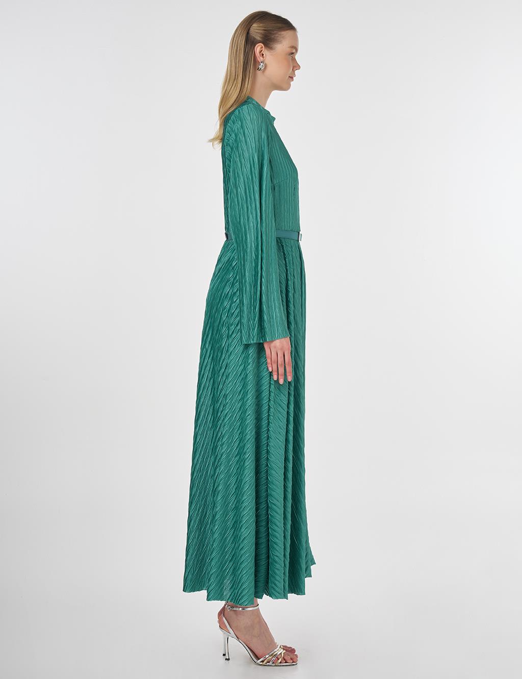 Belted Pleated Elegant Dress Forest Green