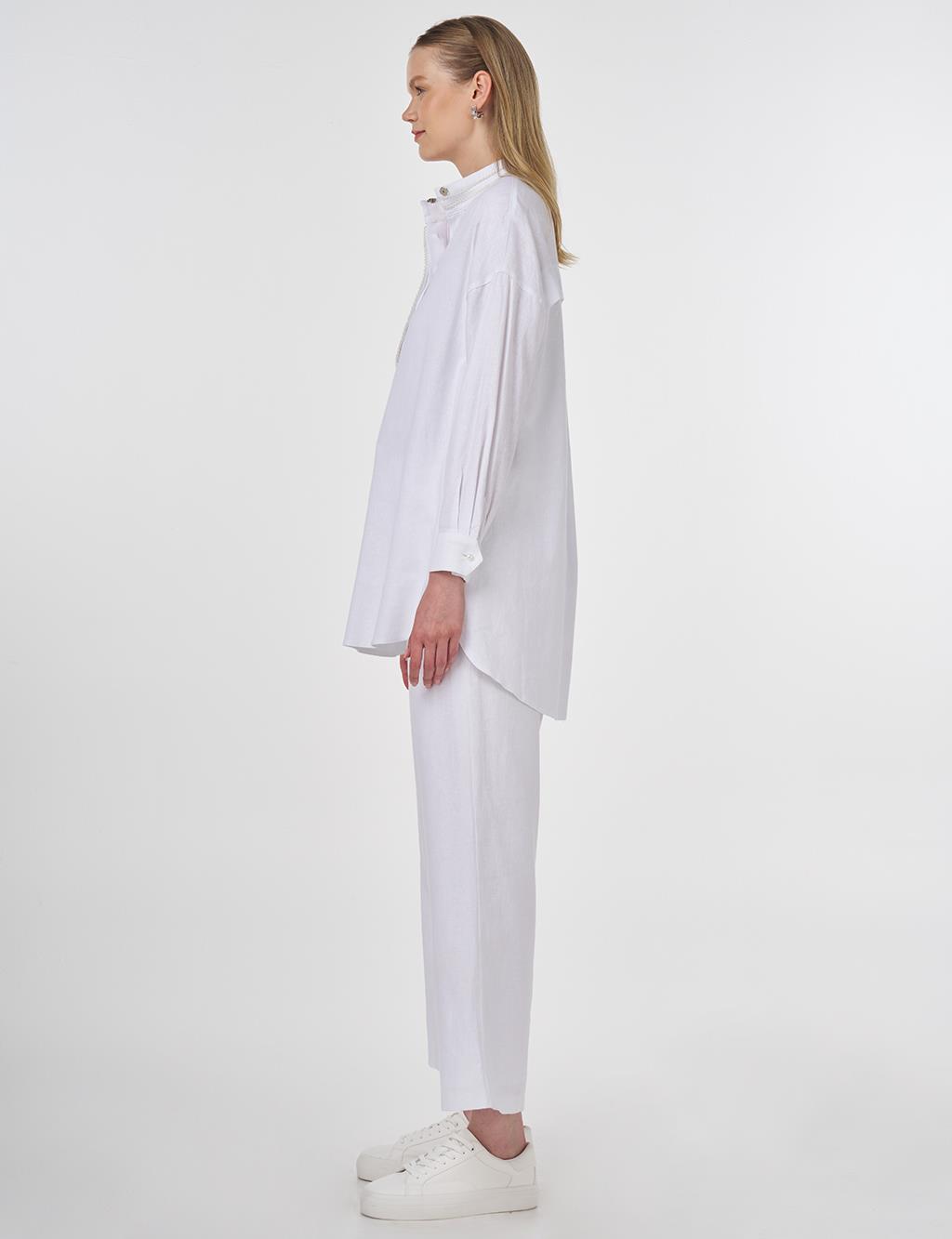 Pearl-Embellished Linen-Blend Tunic in Optical White