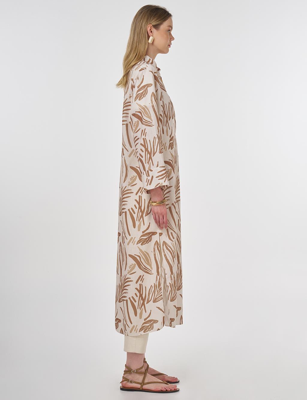 Leaf Pattern Stand Collar Tunic Cream