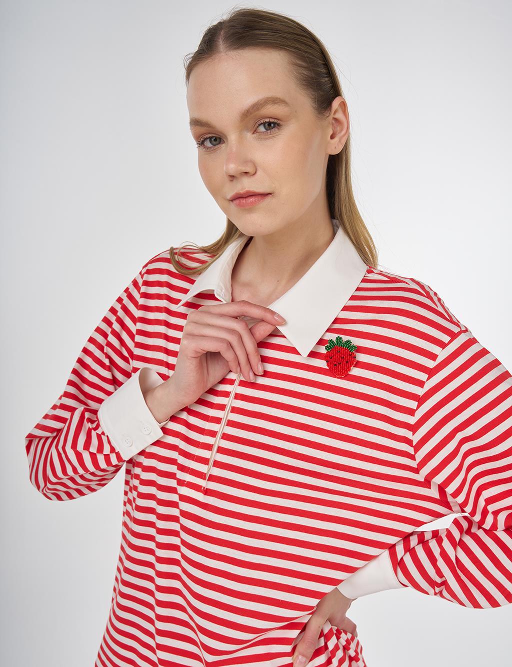 Cotton Sweatshirt with Brooch Detail Red