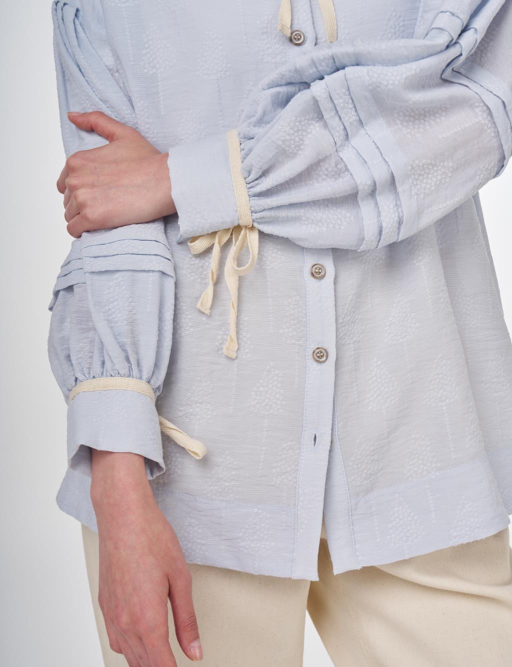 Ribbed Stitch Stand Collar Blouse Blue