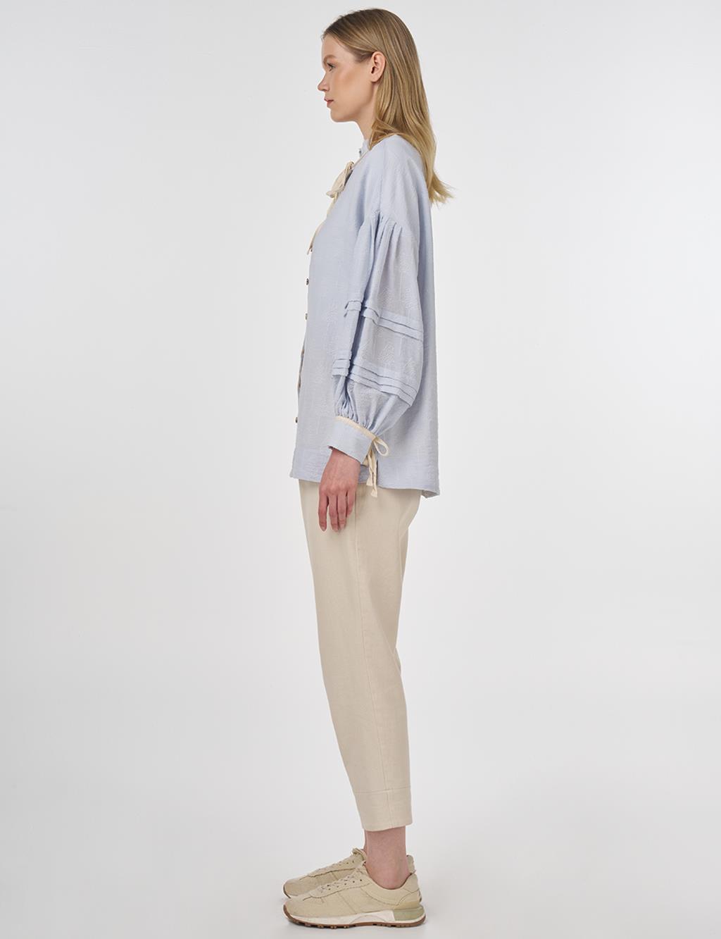 Ribbed Stitch Stand Collar Blouse Blue