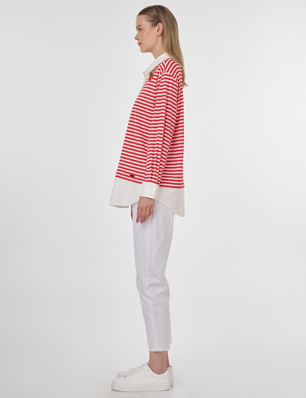Cotton Sweatshirt with Brooch Detail Red