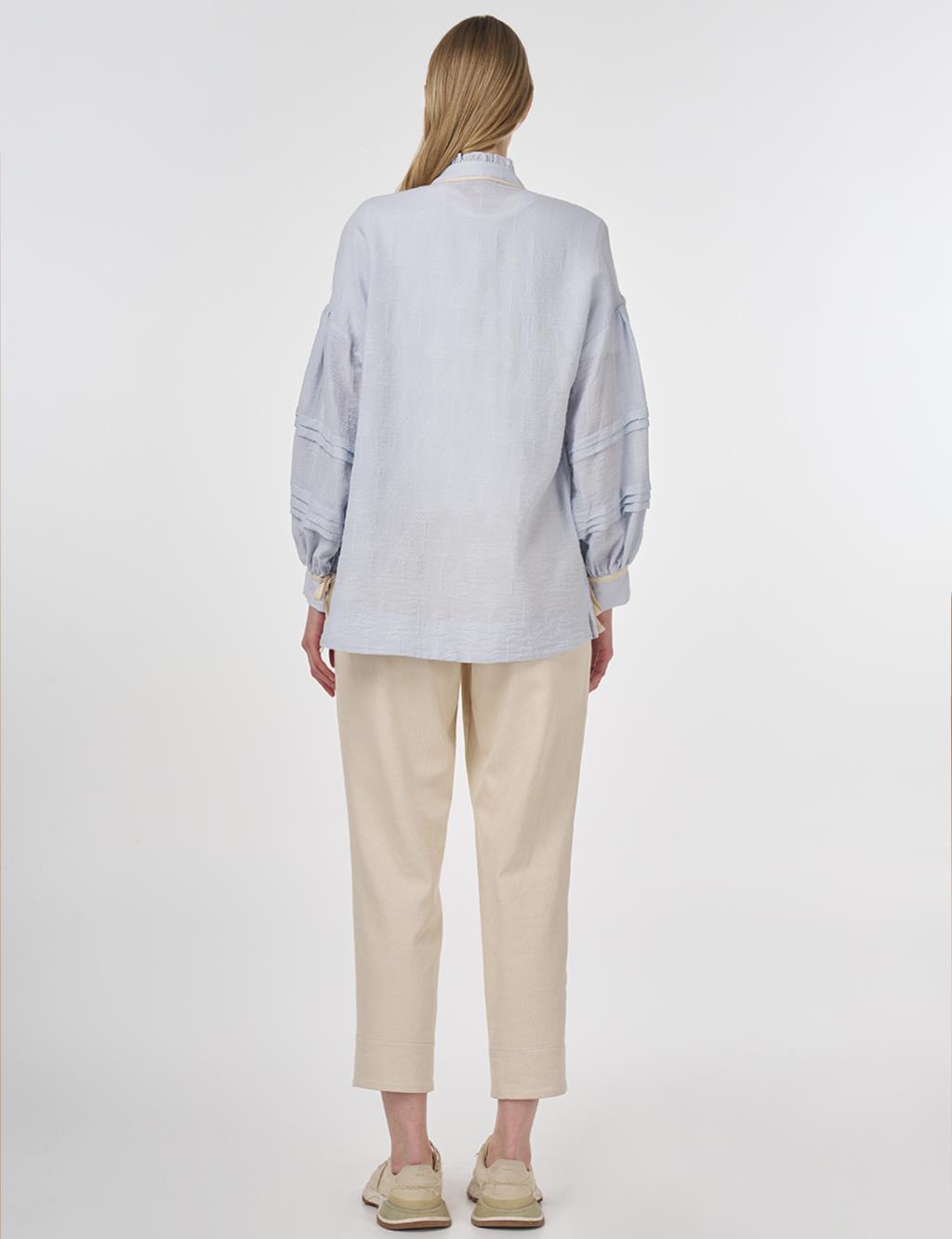 Ribbed Stitch Stand Collar Blouse Blue
