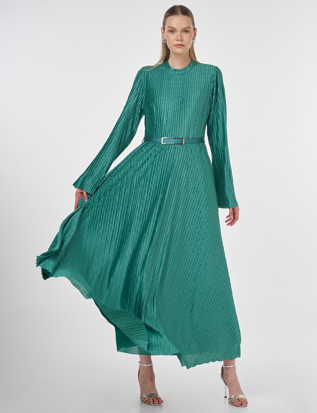 Belted Pleated Elegant Dress Forest Green