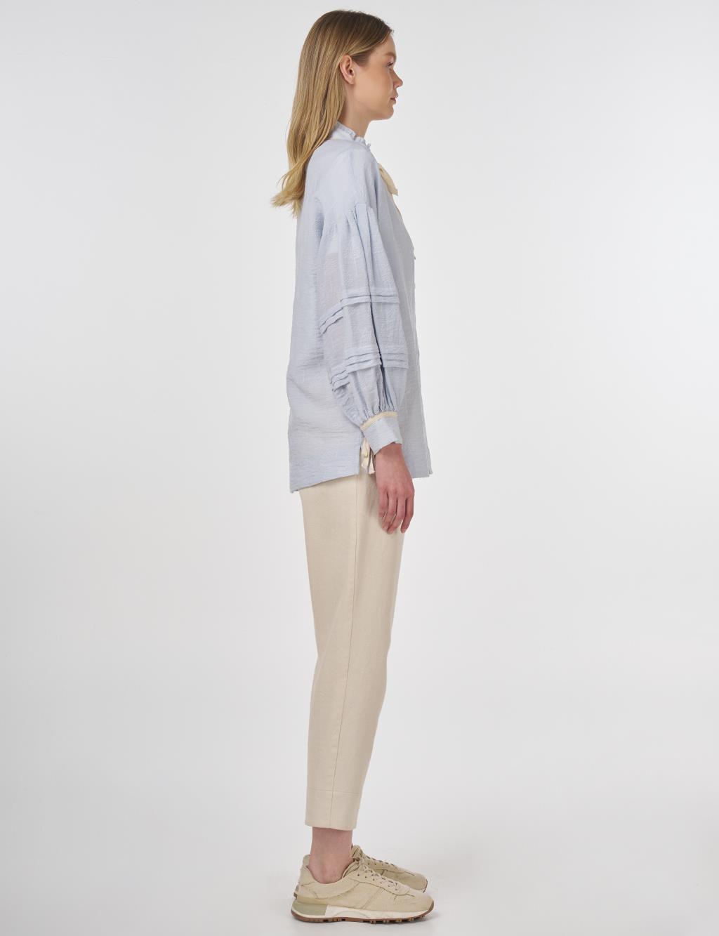 Ribbed Stitch Stand Collar Blouse Blue