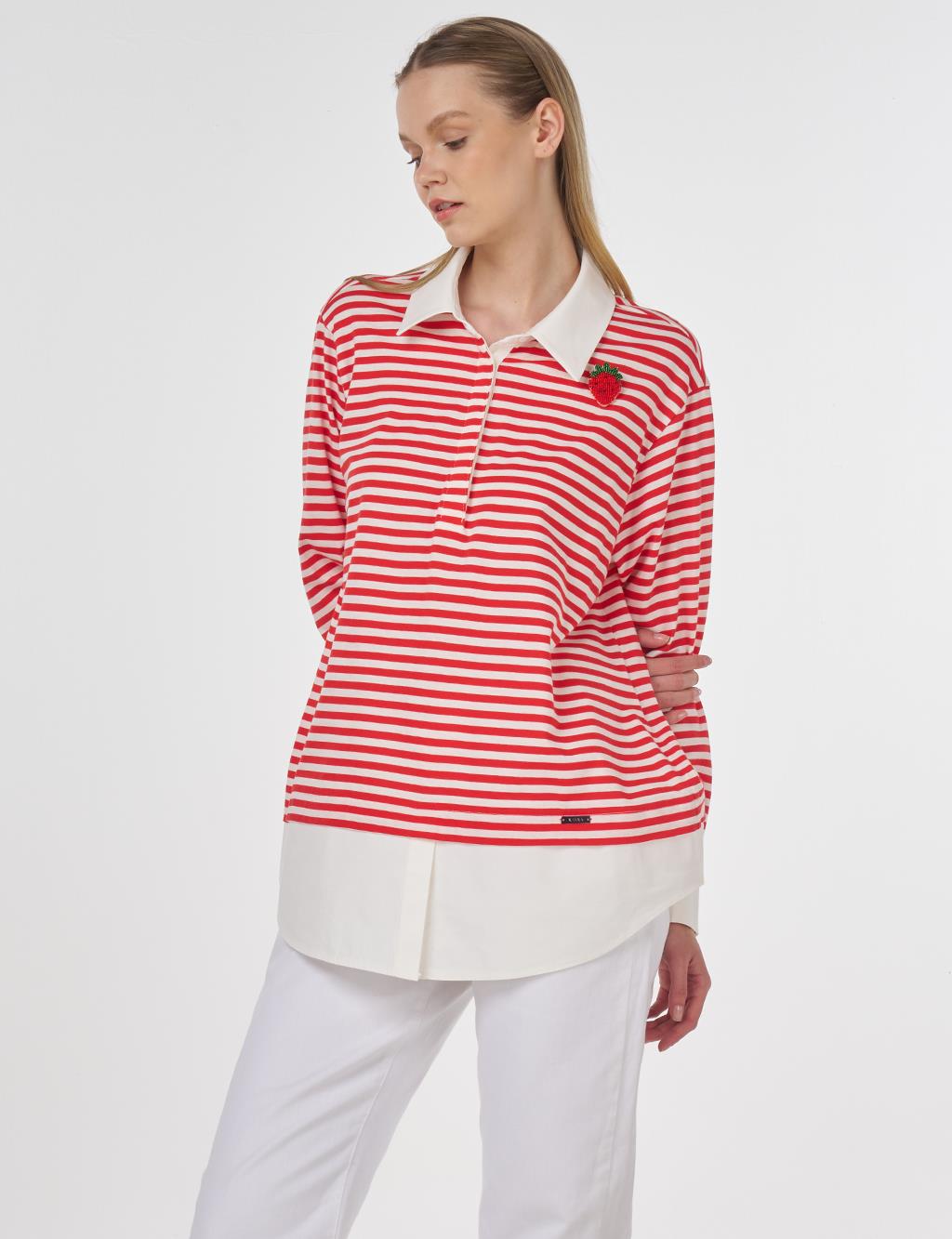 Cotton Sweatshirt with Brooch Detail Red