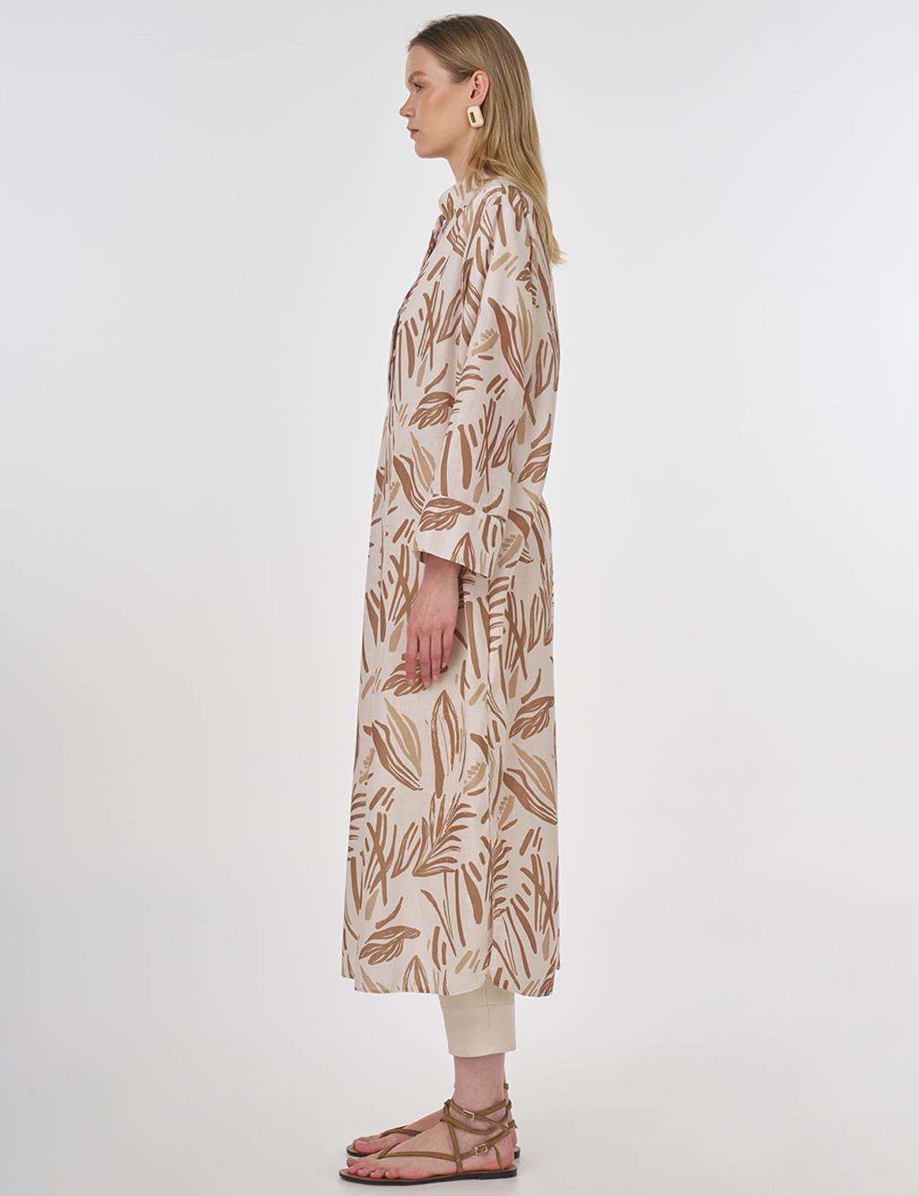 Leaf Pattern Stand Collar Tunic Cream