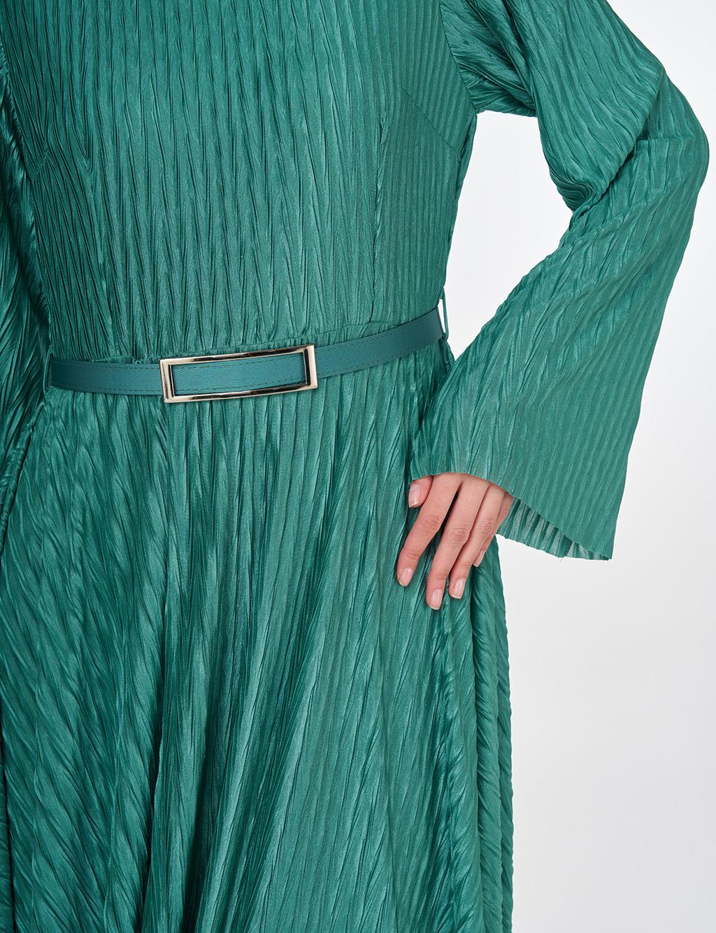 Belted Pleated Elegant Dress Forest Green