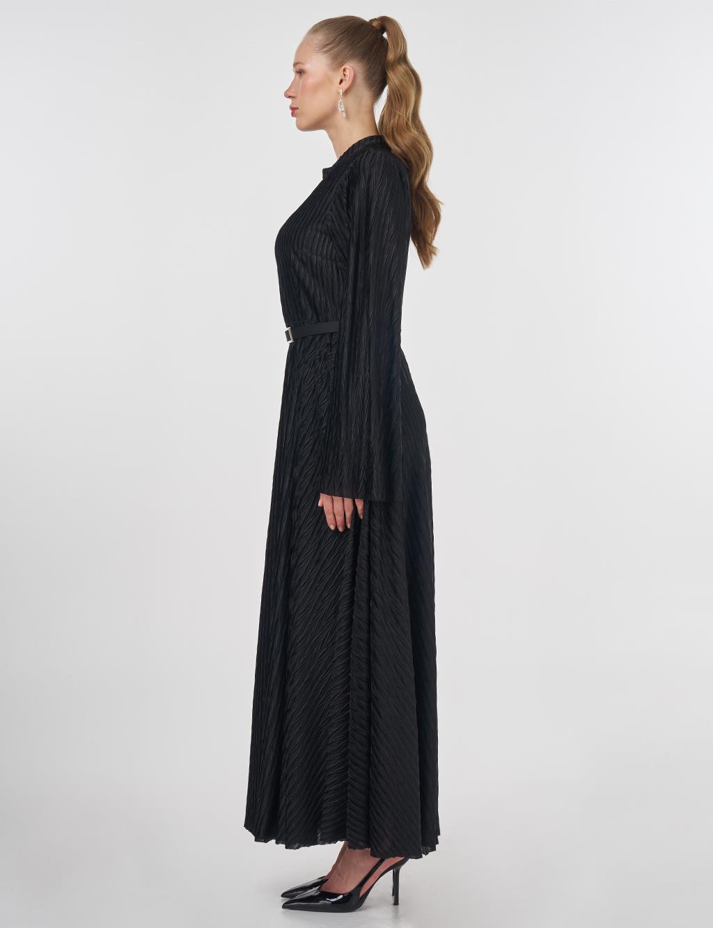 Belted Pleated Elegant Dress Black 