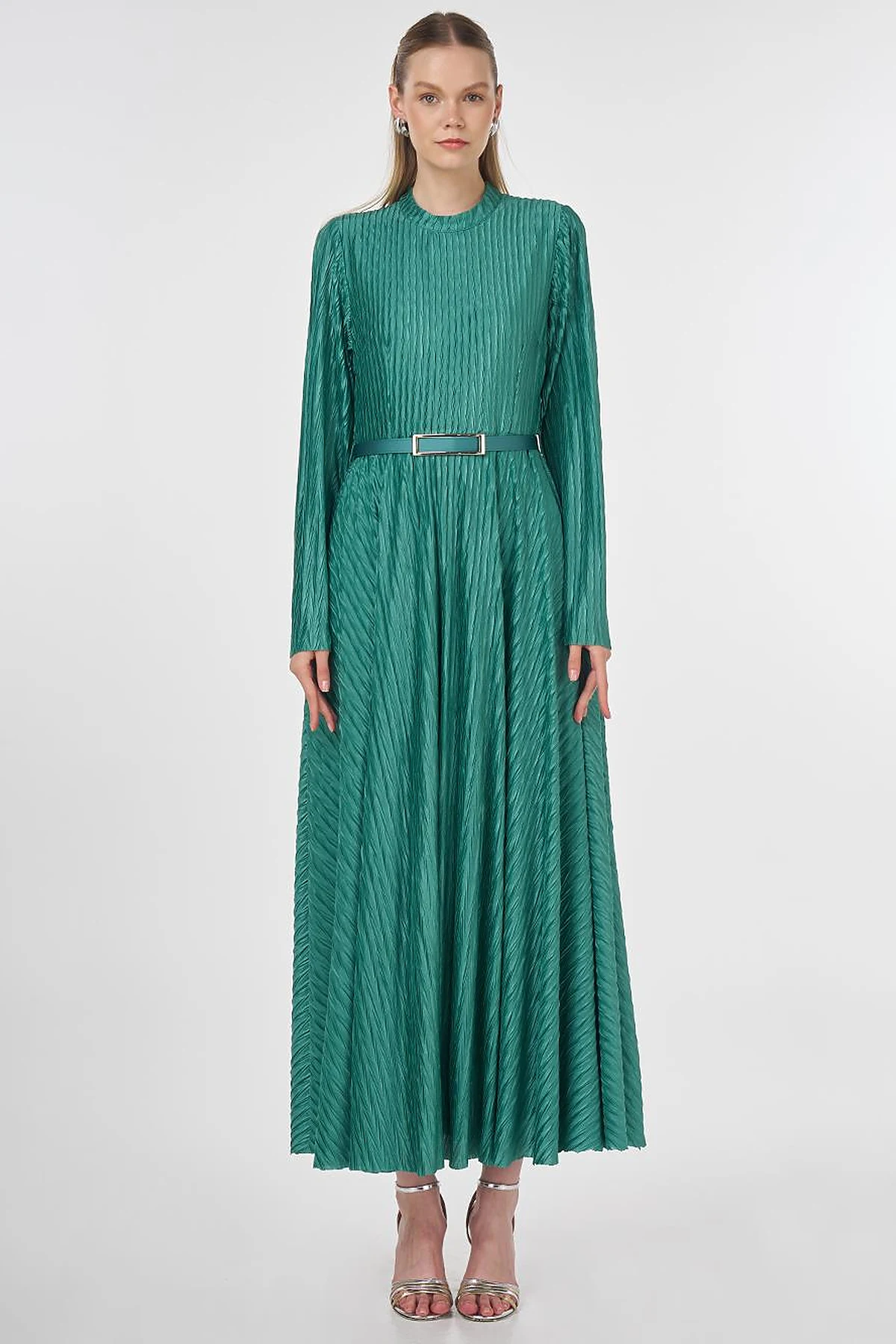 Belted Pleated Elegant Dress Forest Green