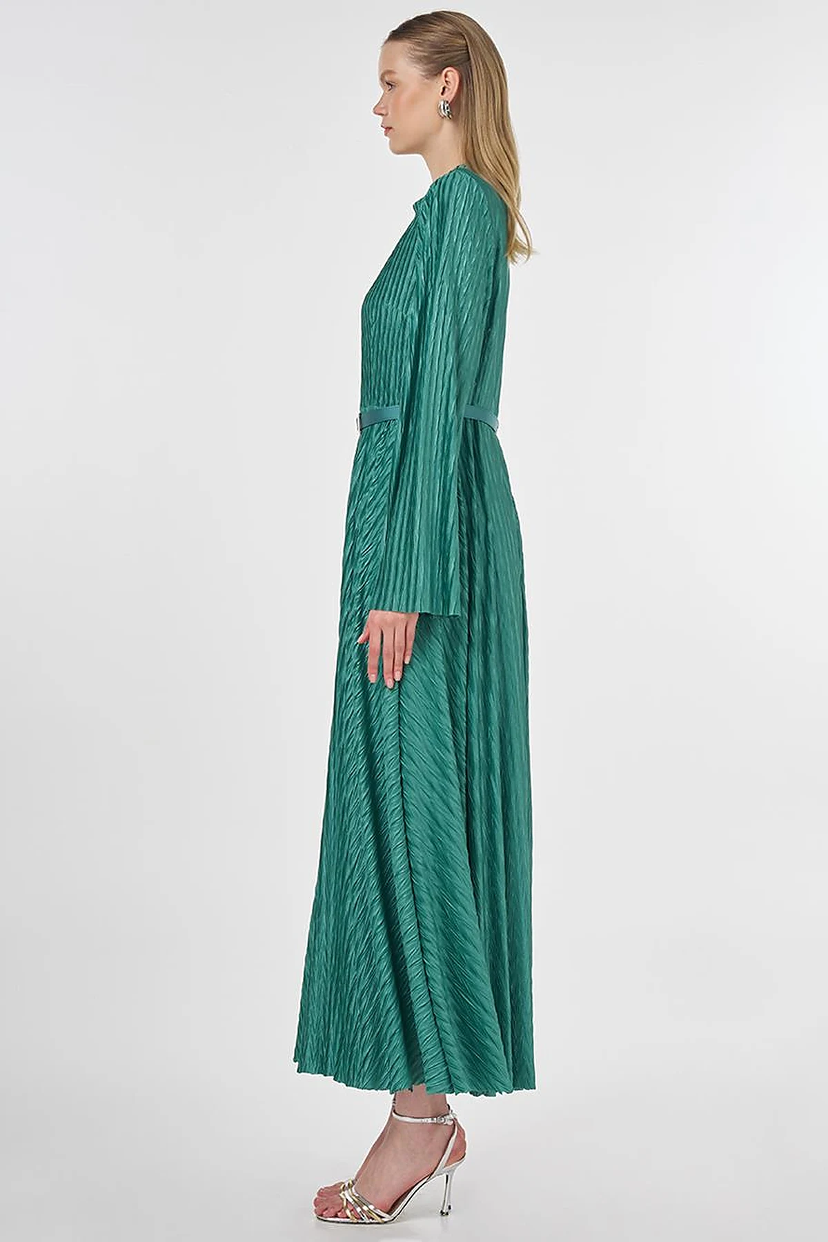 Belted Pleated Elegant Dress Forest Green