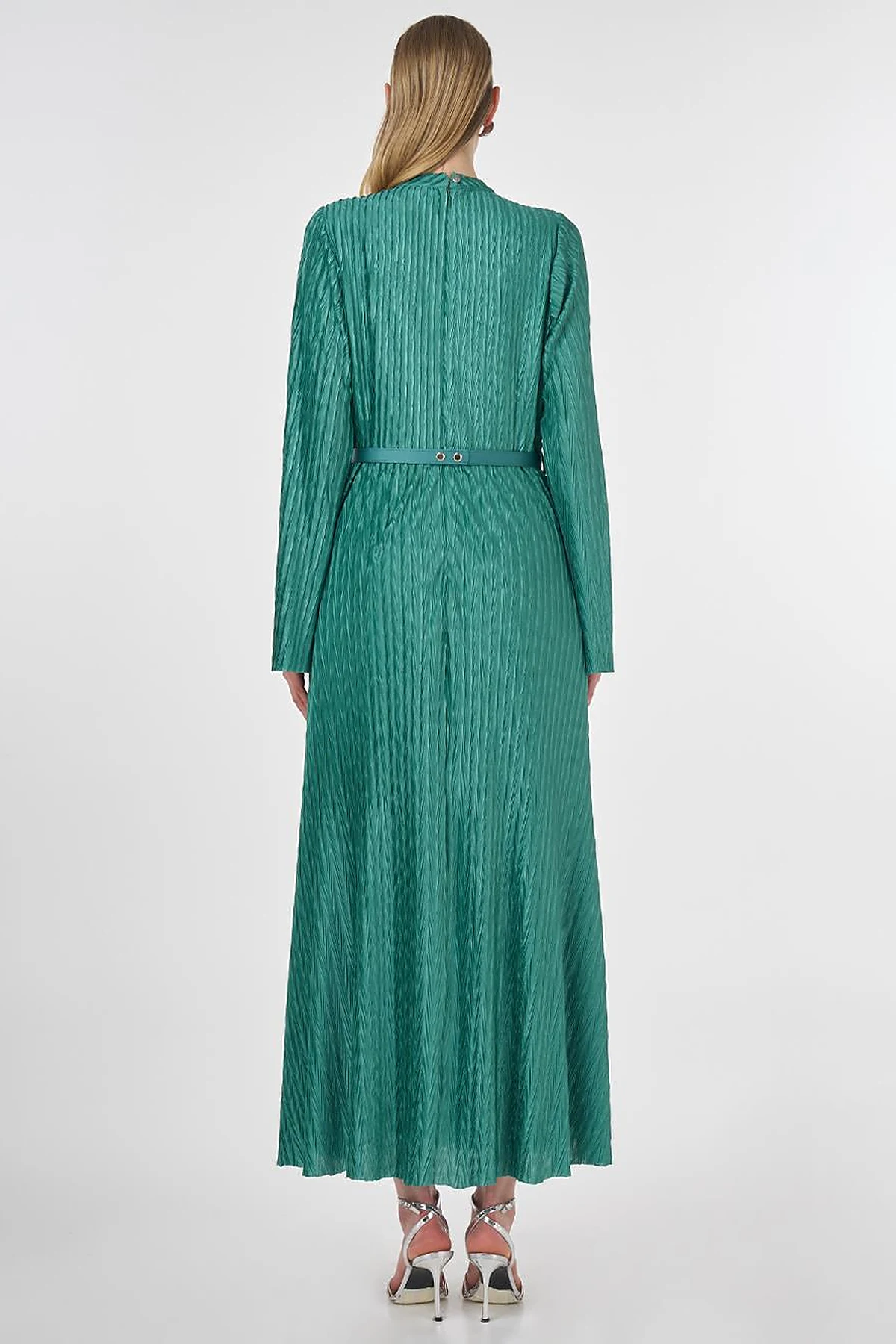 Belted Pleated Elegant Dress Forest Green