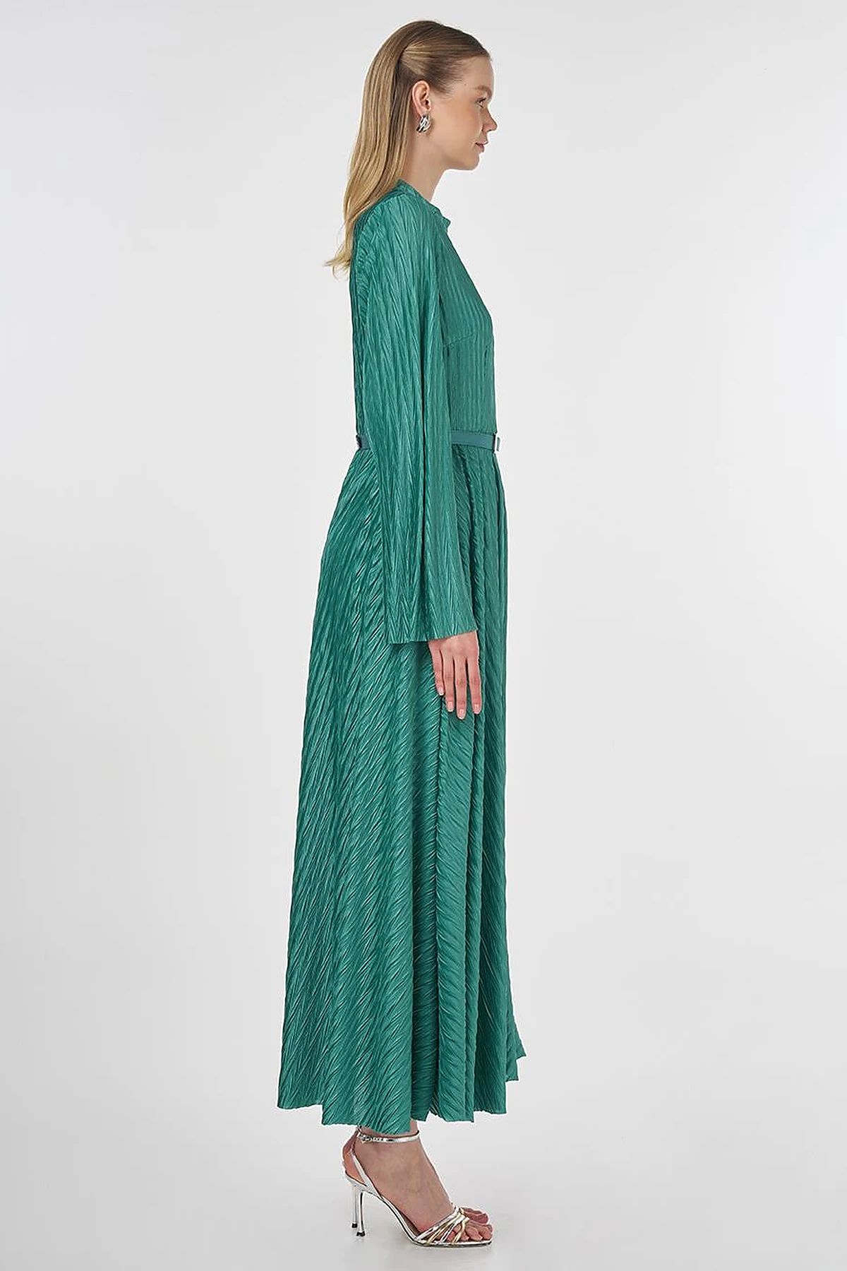 Belted Pleated Elegant Dress Forest Green