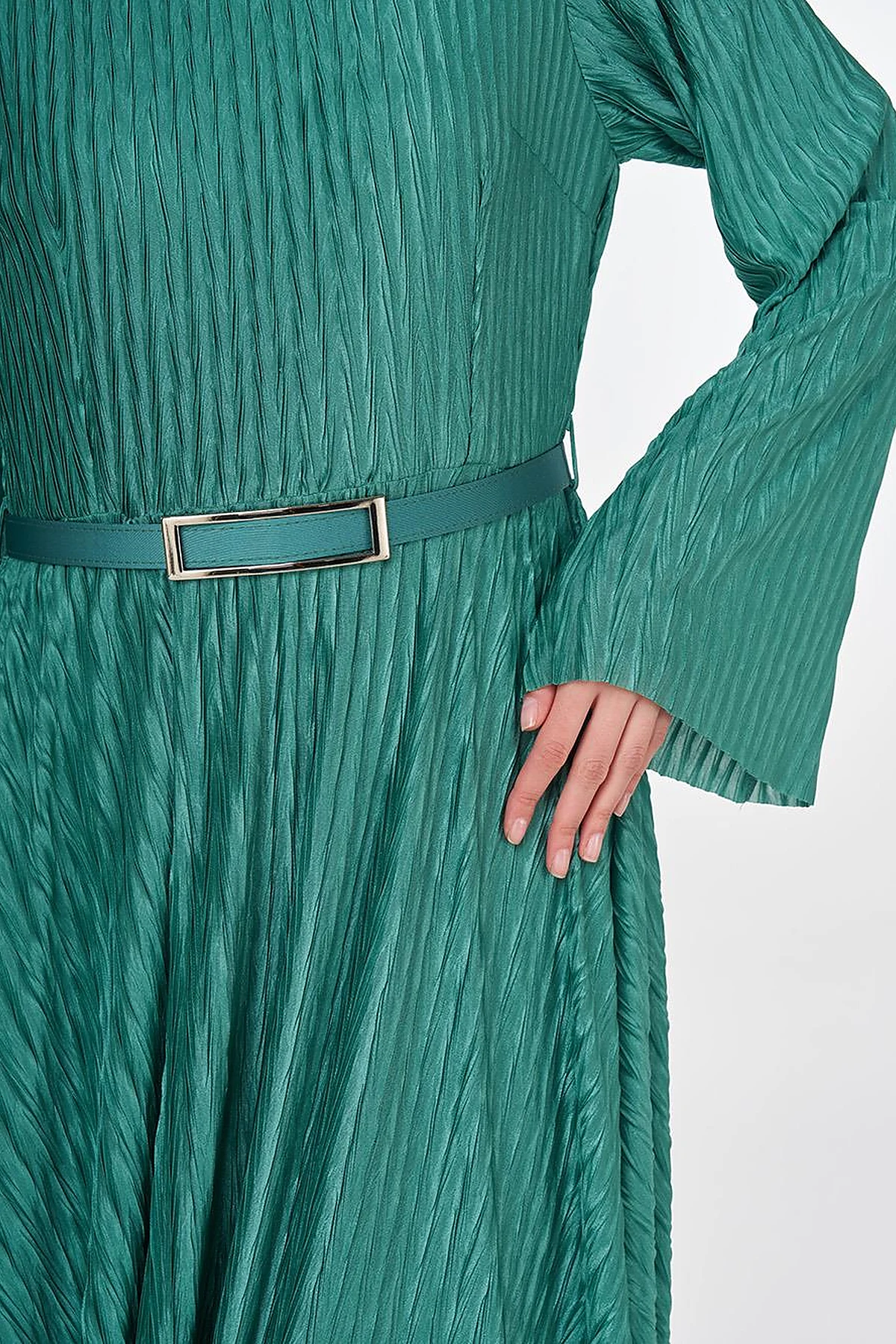 Belted Pleated Elegant Dress Forest Green