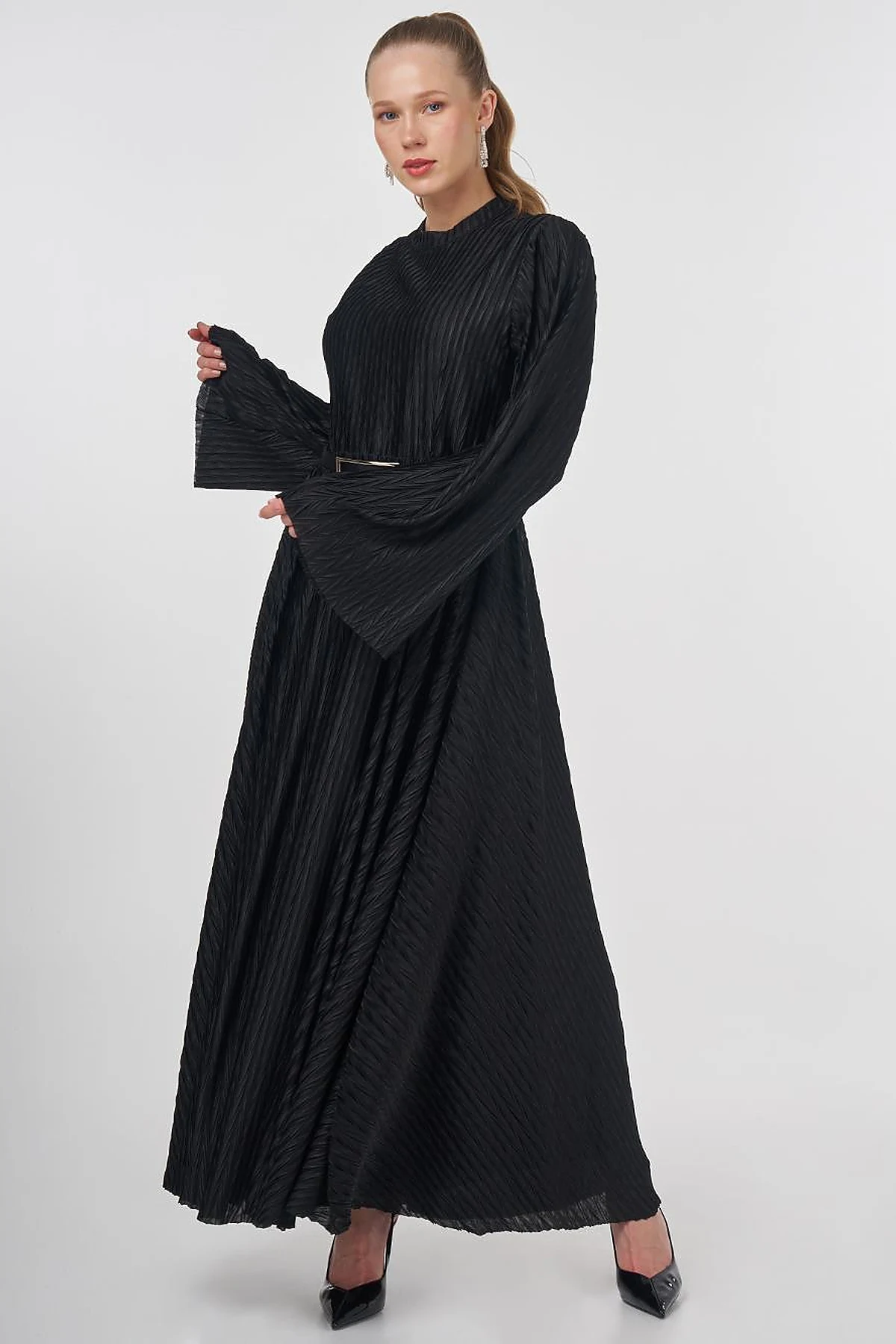 Belted Pleated Elegant Dress Black 