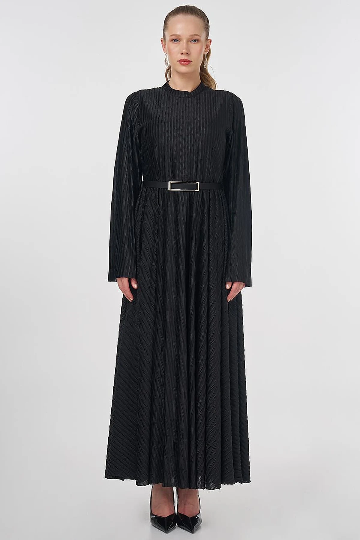 Belted Pleated Elegant Dress Black 