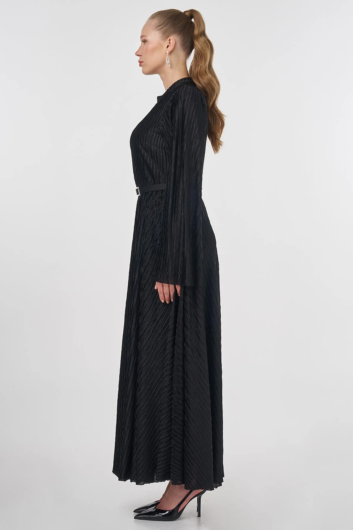 Belted Pleated Elegant Dress Black 
