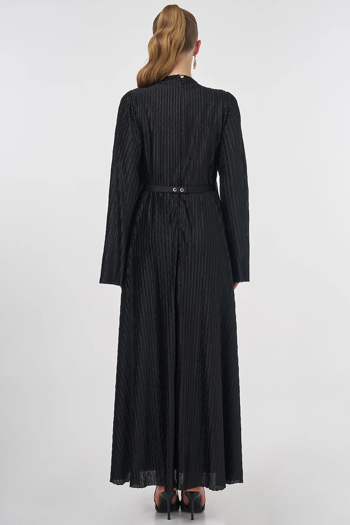 Belted Pleated Elegant Dress Black 