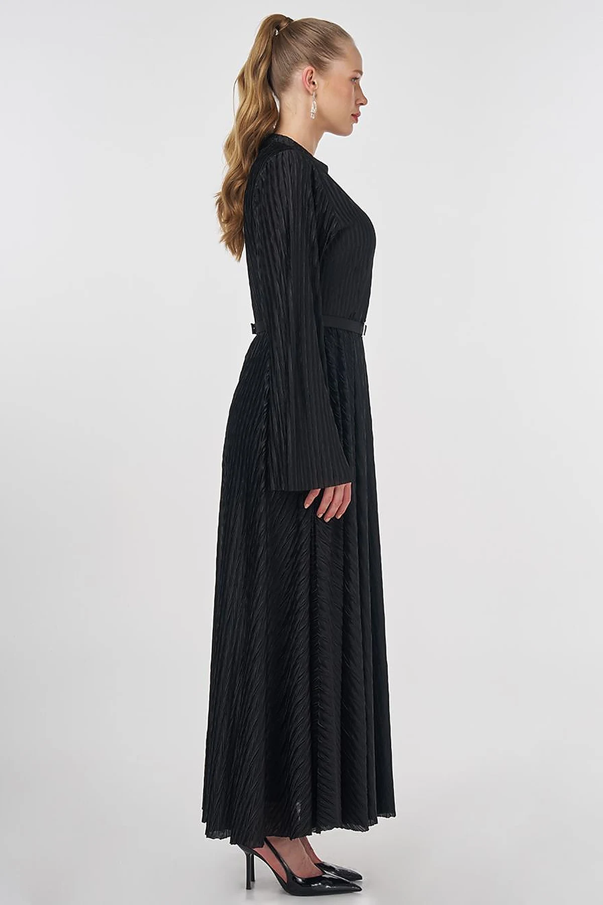 Belted Pleated Elegant Dress Black 