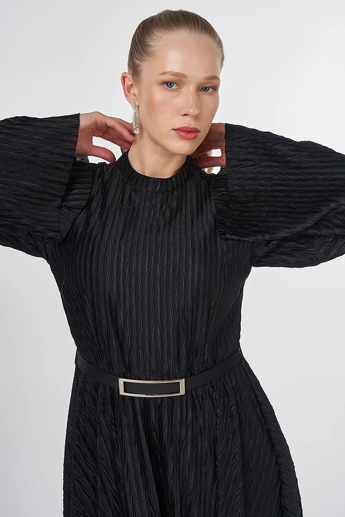 Belted Pleated Elegant Dress Black 