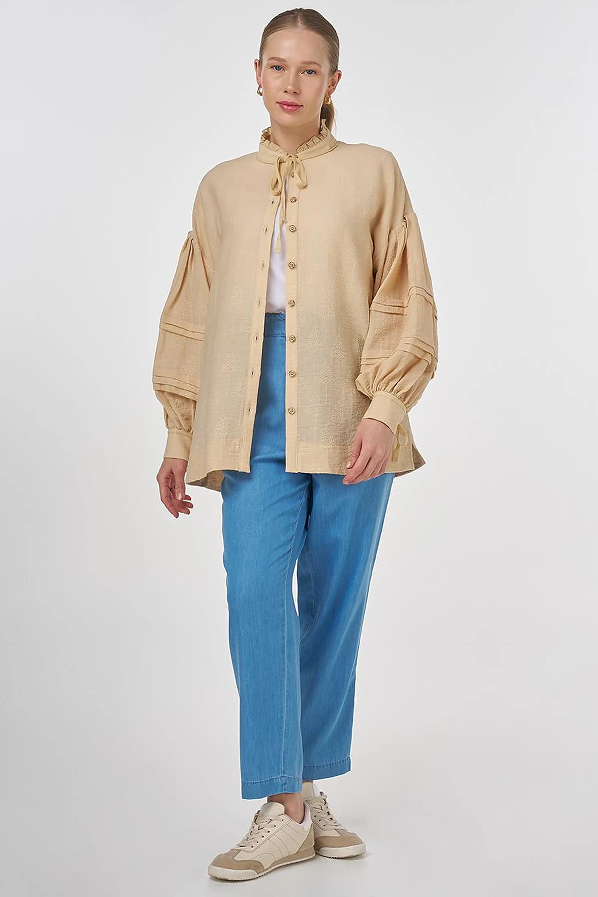 Pin-Tucked Viscose Blouse Beige