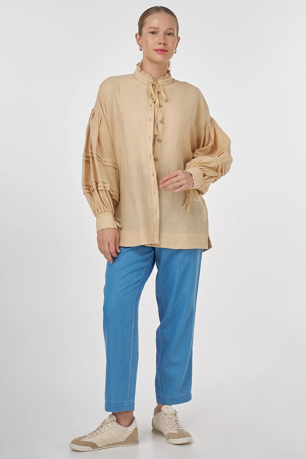 Pin-Tucked Viscose Blouse Beige