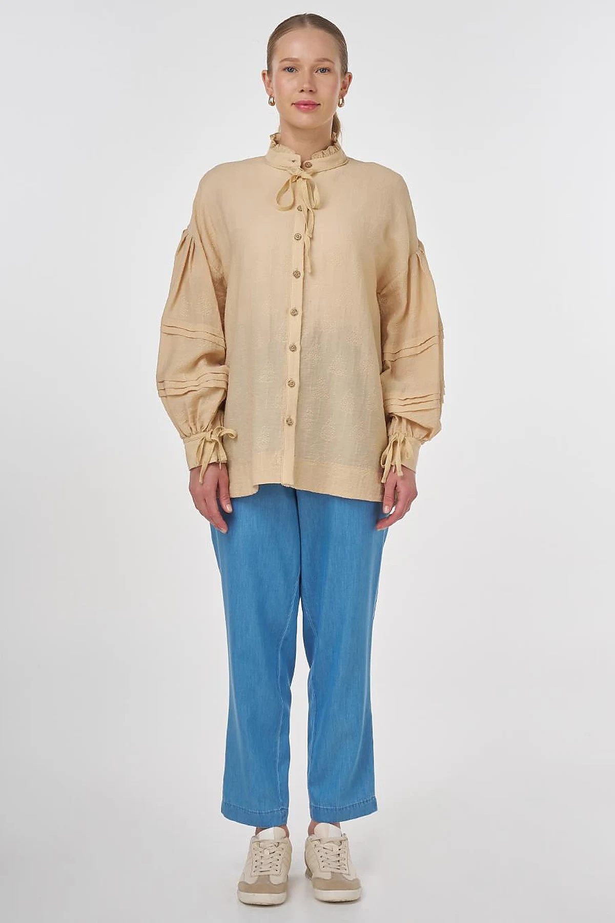 Pin-Tucked Viscose Blouse Beige