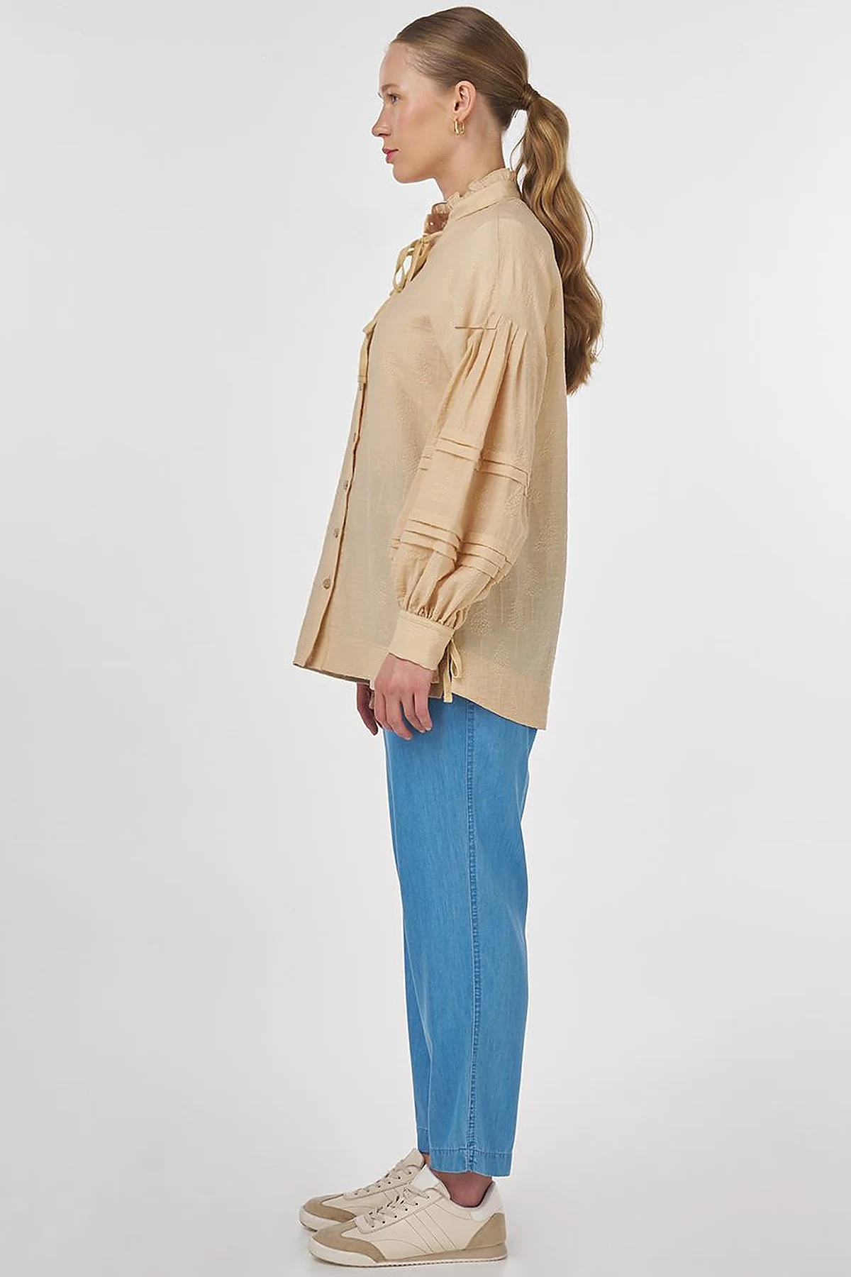 Pin-Tucked Viscose Blouse Beige