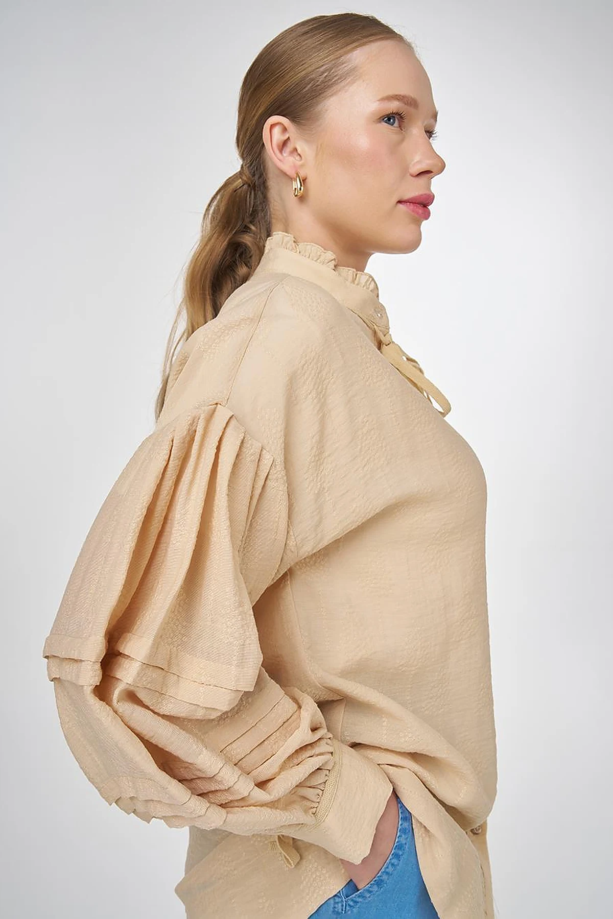 Pin-Tucked Viscose Blouse Beige