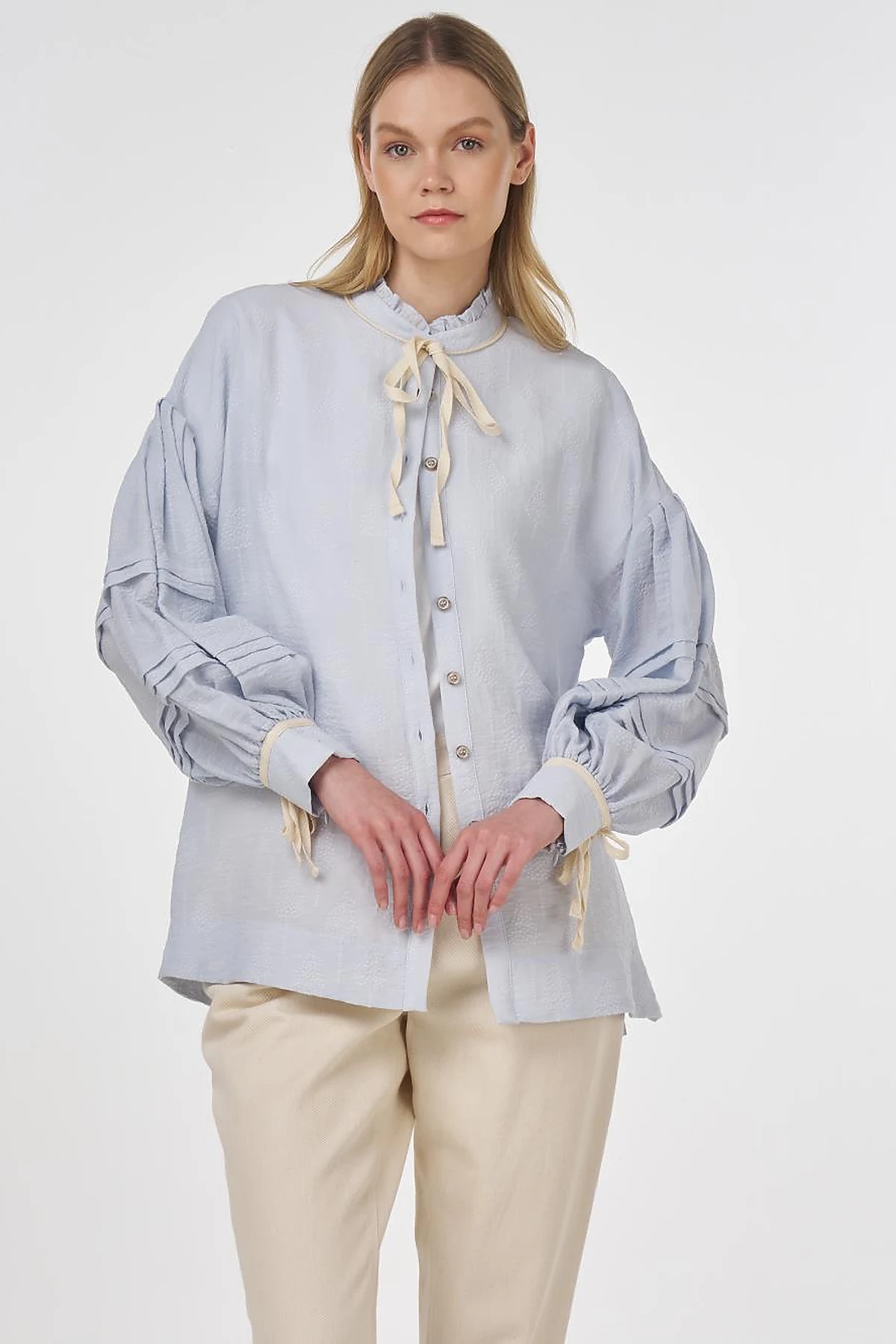 Pin-Tucked Viscose Blouse Blue