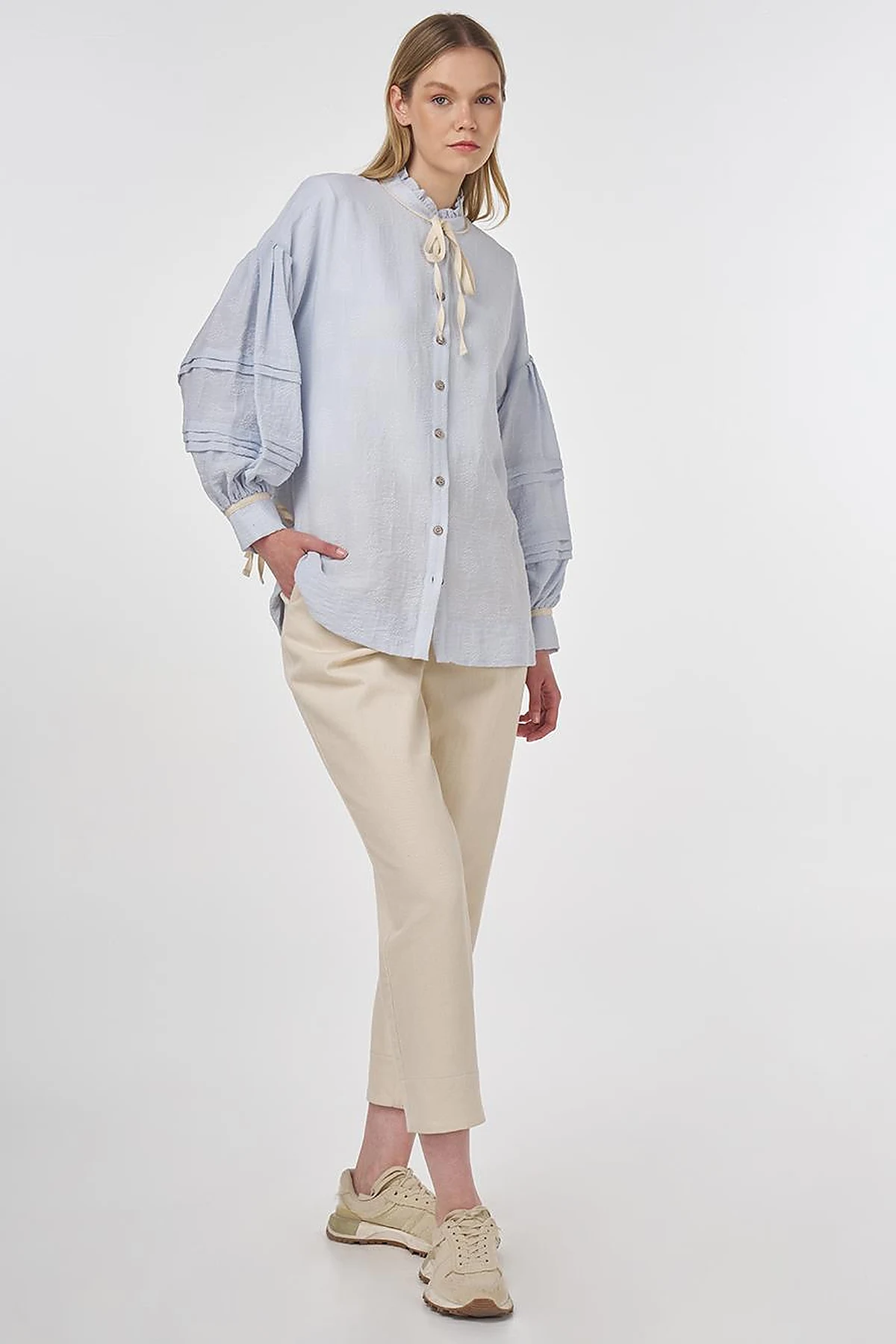 Pin-Tucked Viscose Blouse Blue