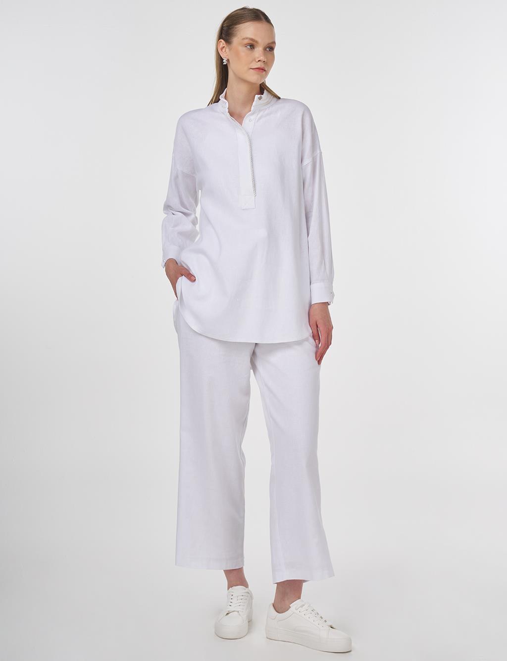 Pearl-Embellished Linen-Blend Tunic in Optical White