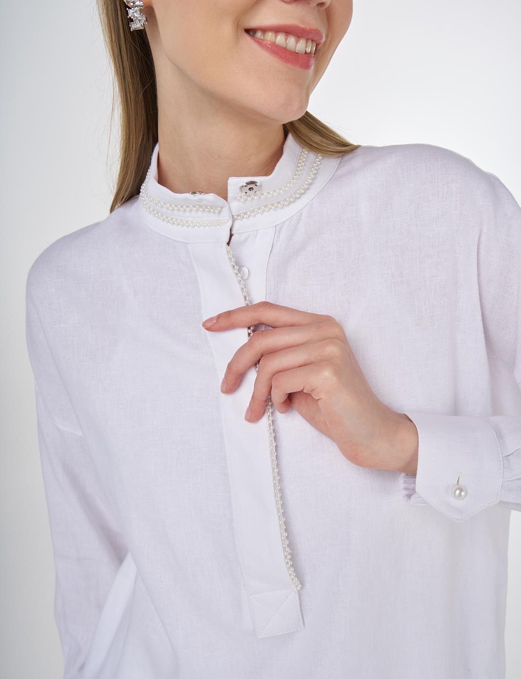 Pearl-Embellished Linen-Blend Tunic in Optical White