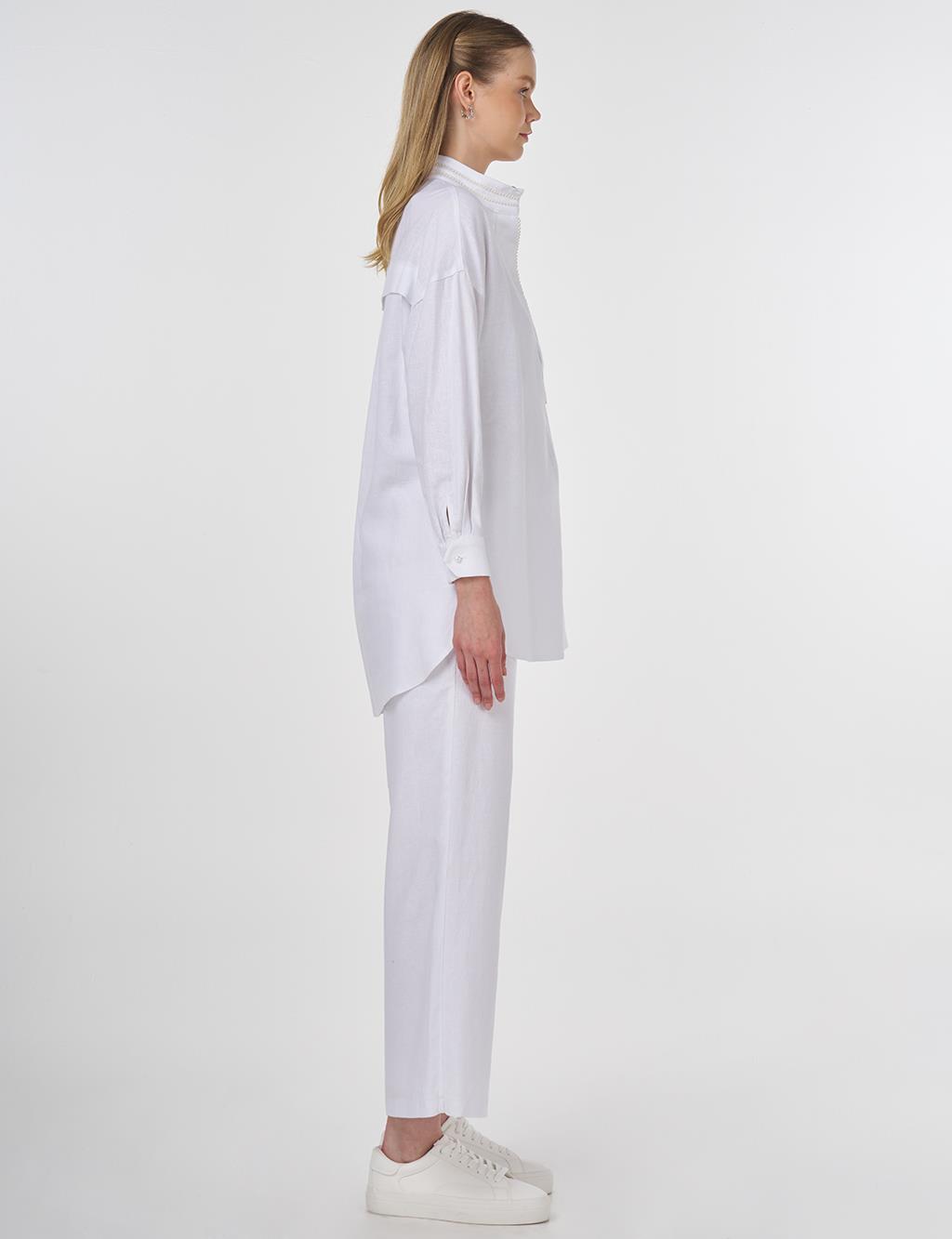 Pearl-Embellished Linen-Blend Tunic in Optical White