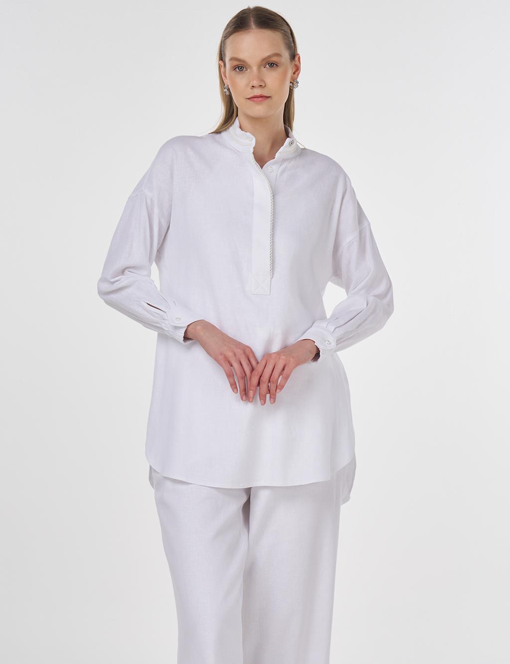 Pearl-Embellished Linen-Blend Tunic in Optical White