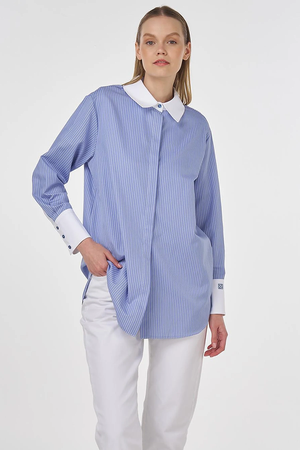 Wide-Cuffed Cotton Basic Tunic Airforce Blue